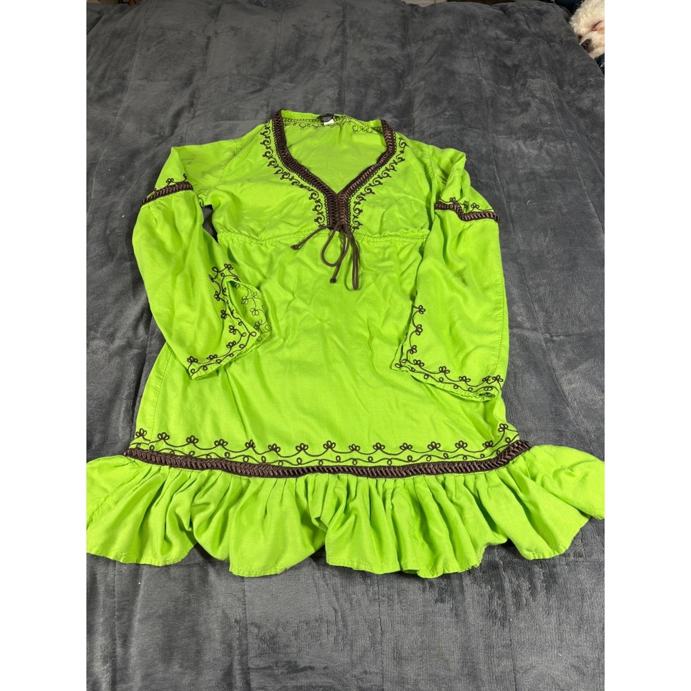 Moda International Lime Green Boho Embroidered Ruffle Tunic Dress Womens Medium